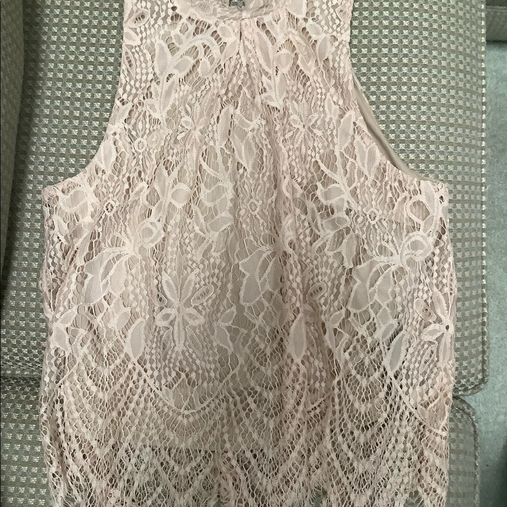 Nude rayon mock neck tank with lace overlay